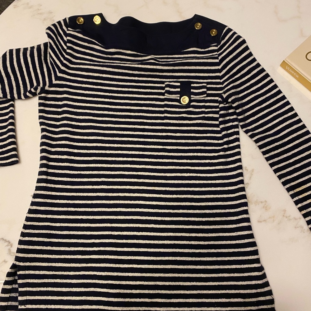 Tory Burch Navy and Cream Striped Top with Gold Button